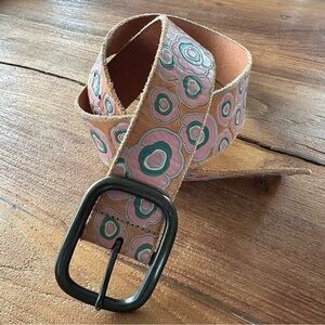 GAP Boho Genuine Leather Tooled Belt Floral Pink Teal Aqua Flowers